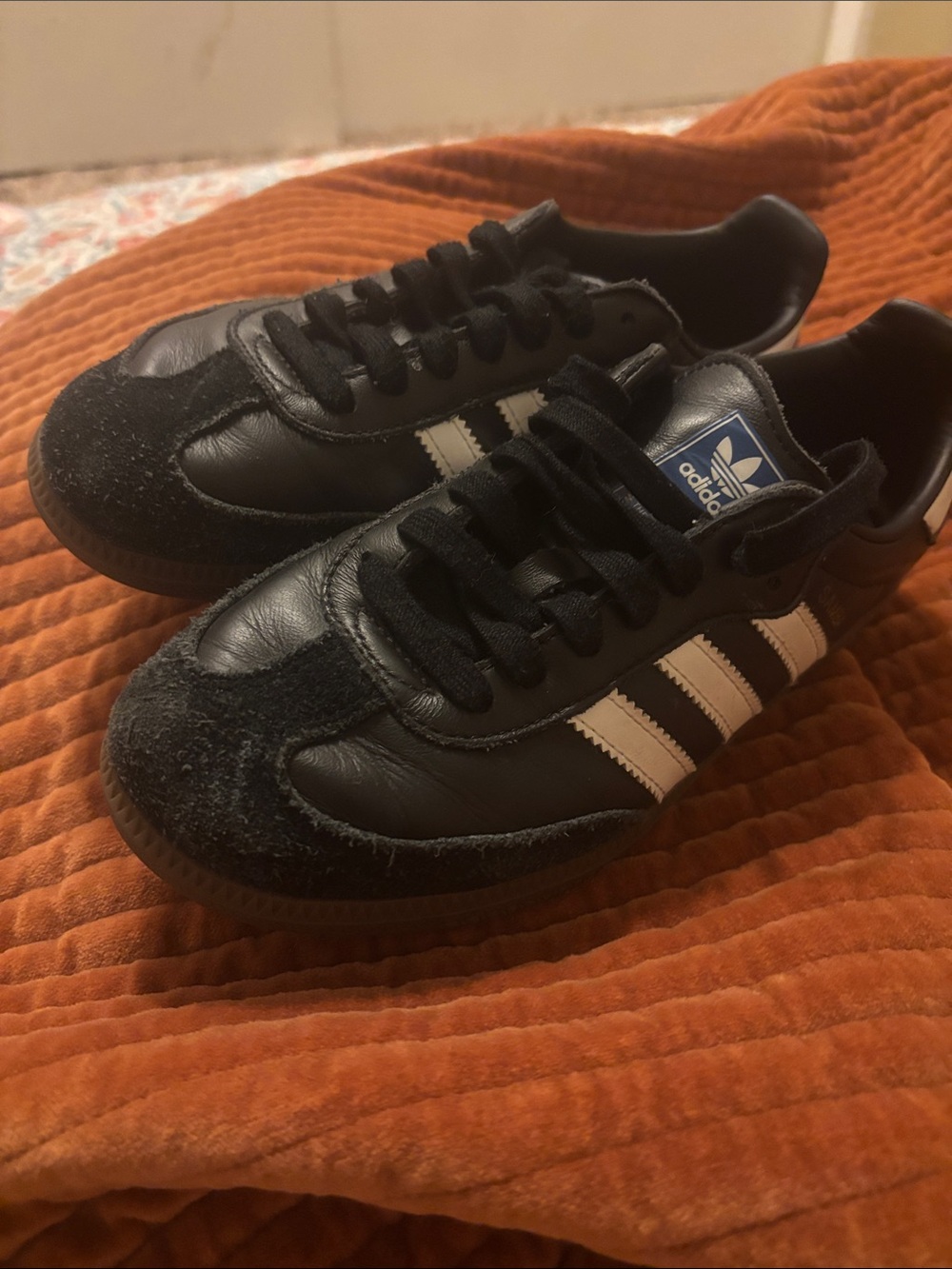 adidas Black Sneakers with White Three-Stripes and Blue Tongue Tag